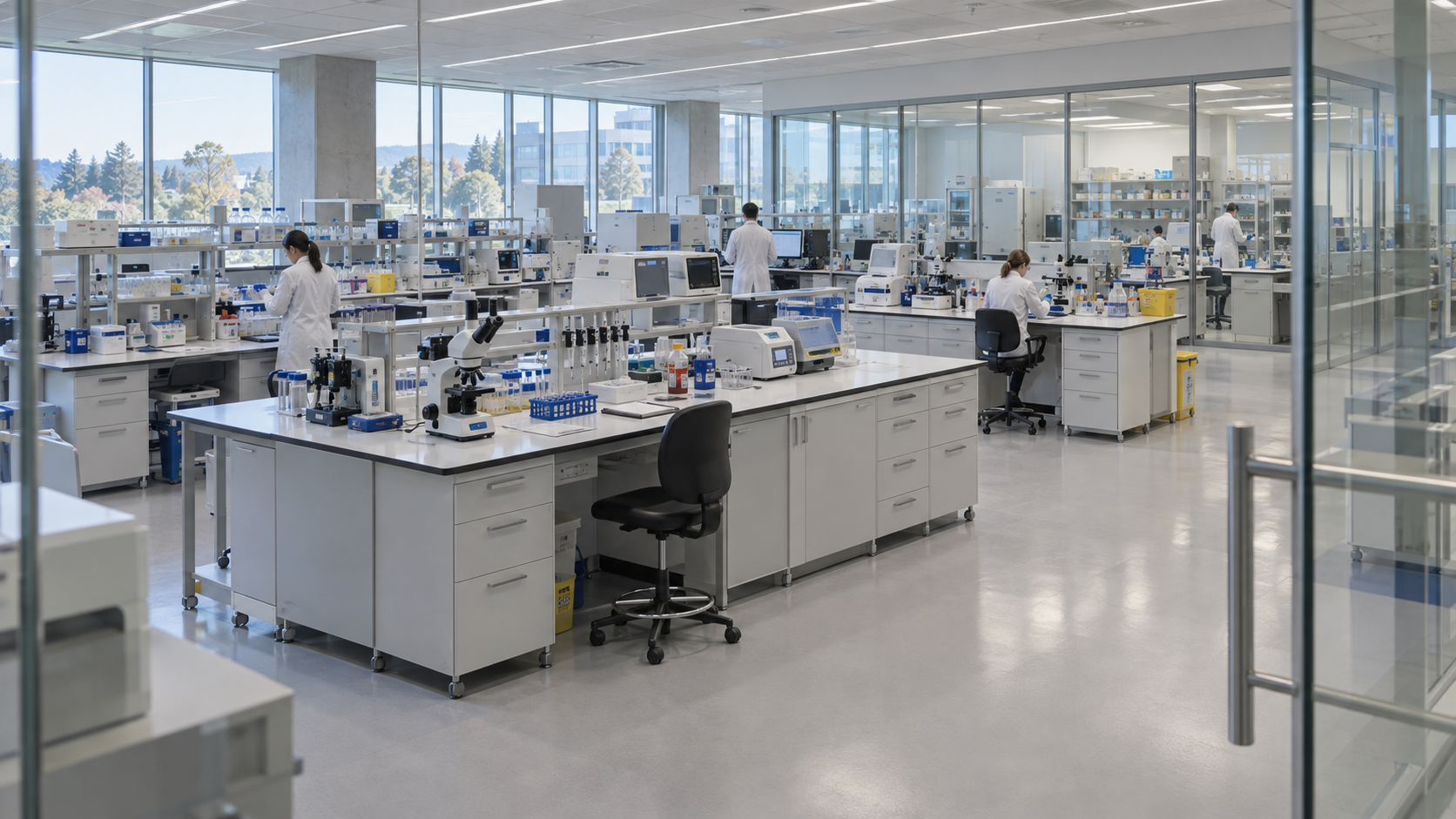 Wide view of a life-sciences laboratory with research benches, analytical instruments and researchers at work; AI-generated scene